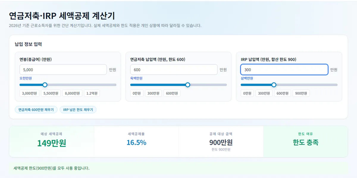 etfsim.kr 연금저축·IRP 세액공제 계산기에 연봉 5,000만 원, 연금저축 600만 원, IRP 300만 원을 넣은 결과 화면